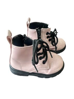 Toddler Pink Faux Patent Leather Lace-Up Combat Boots with Side Zip Lug Sole